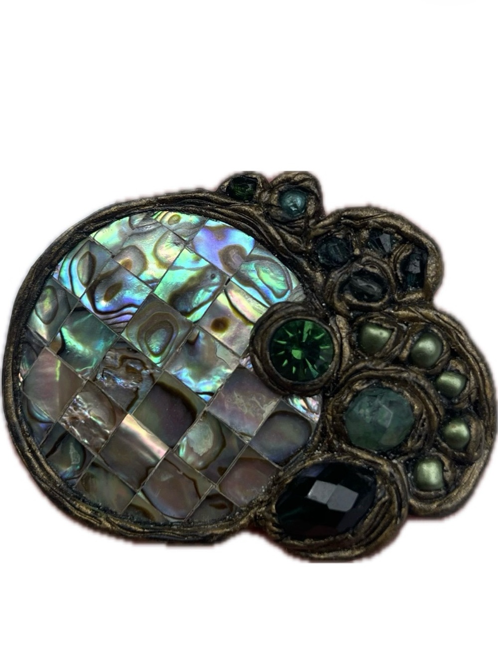 Signed Abalone Mosaic Statement Brooch with Green Gem Accents